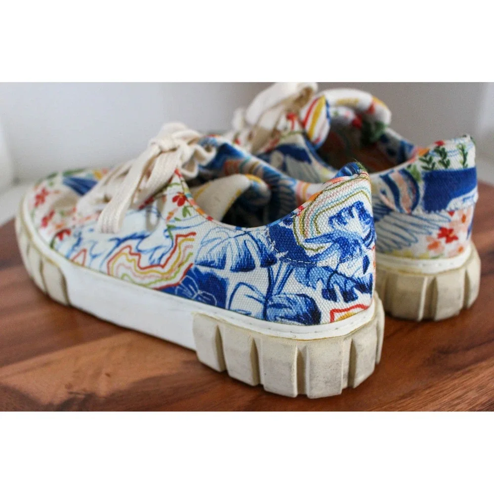 Farm Rio Platform Sneakers Womens 38 White Tropical Floral Canvas Copacabana